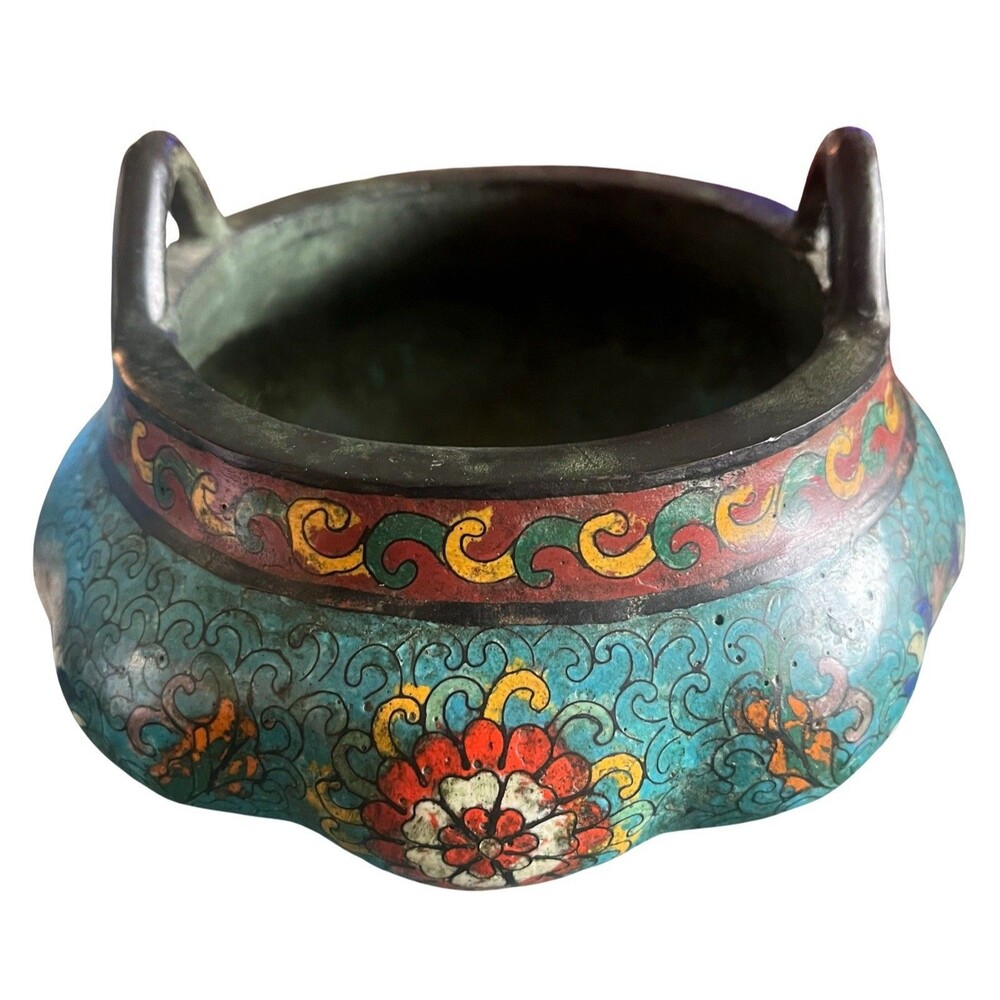 Vintage Chinese Cloisonne Censer Tripod Incense Burner Turquoise Floral Heavy